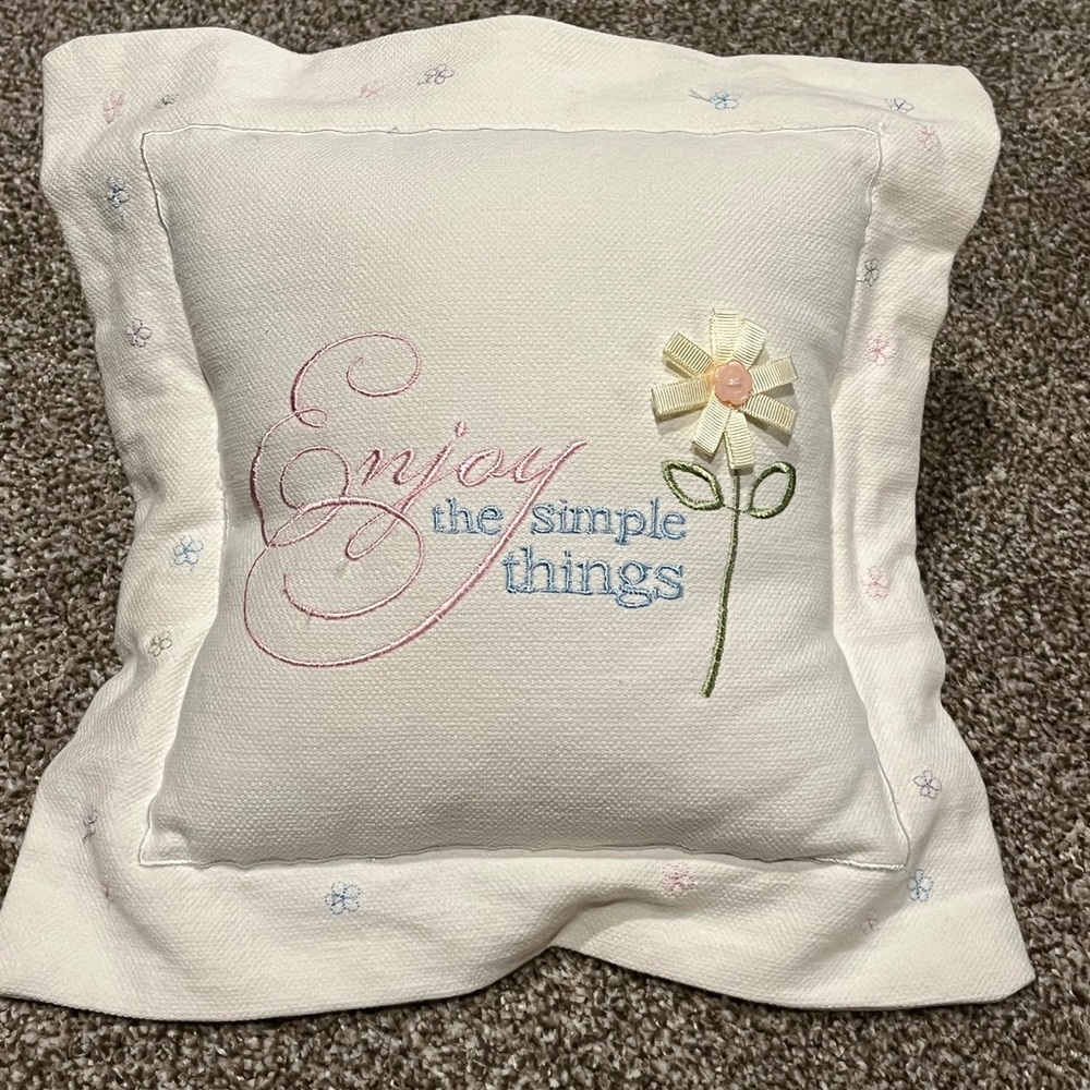 Accent pillow. Enjoy the simple things. White pink blue green accents. 11” x 11”